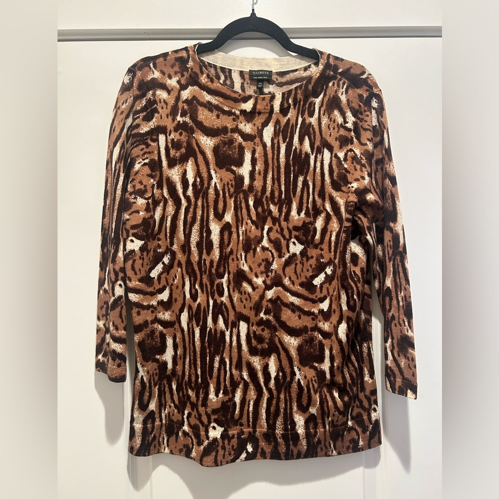 Talbots Womens Leopard Pure Merino Wool 3/4 Sleeve Pullover Sweater XL